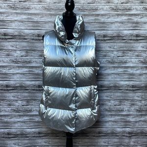 Athleta Long Downtown Metallic Silver Vest-Pockets Zipper/Snap Closure Size XL